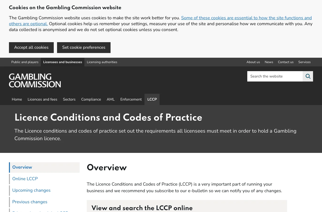 Screenshot of the Gambling Commission's licensing rules page