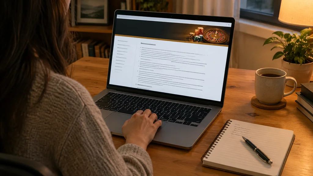 Reader taking notes while checking online bonus terms