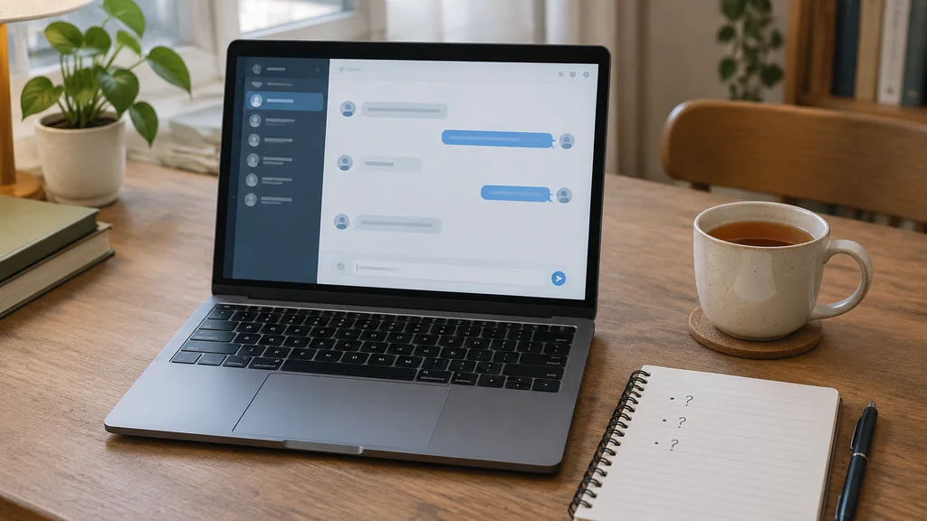 Laptop showing support chat with written questions beside it